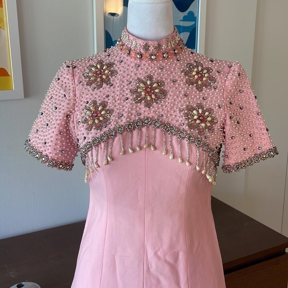 Vintage Chinese Silk Beaded Dress Pink Maxi Cheongsam Style Embellished Formal G - Picture 4 of 14
